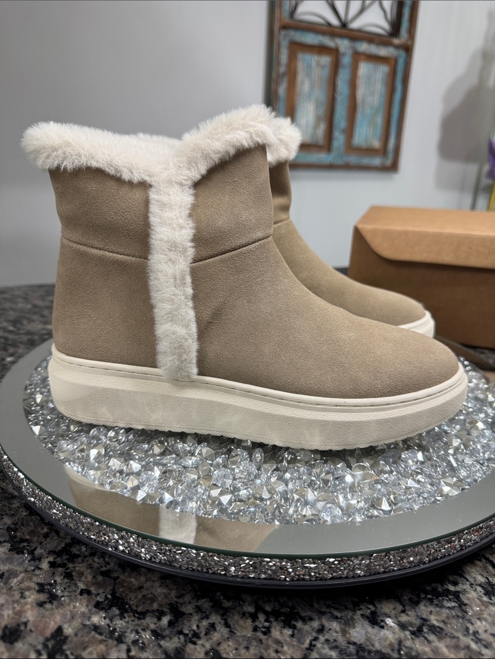 Marc Fisher Foggie Taupe Suede and faux fur Trim Ankle Boots NEW 7.5